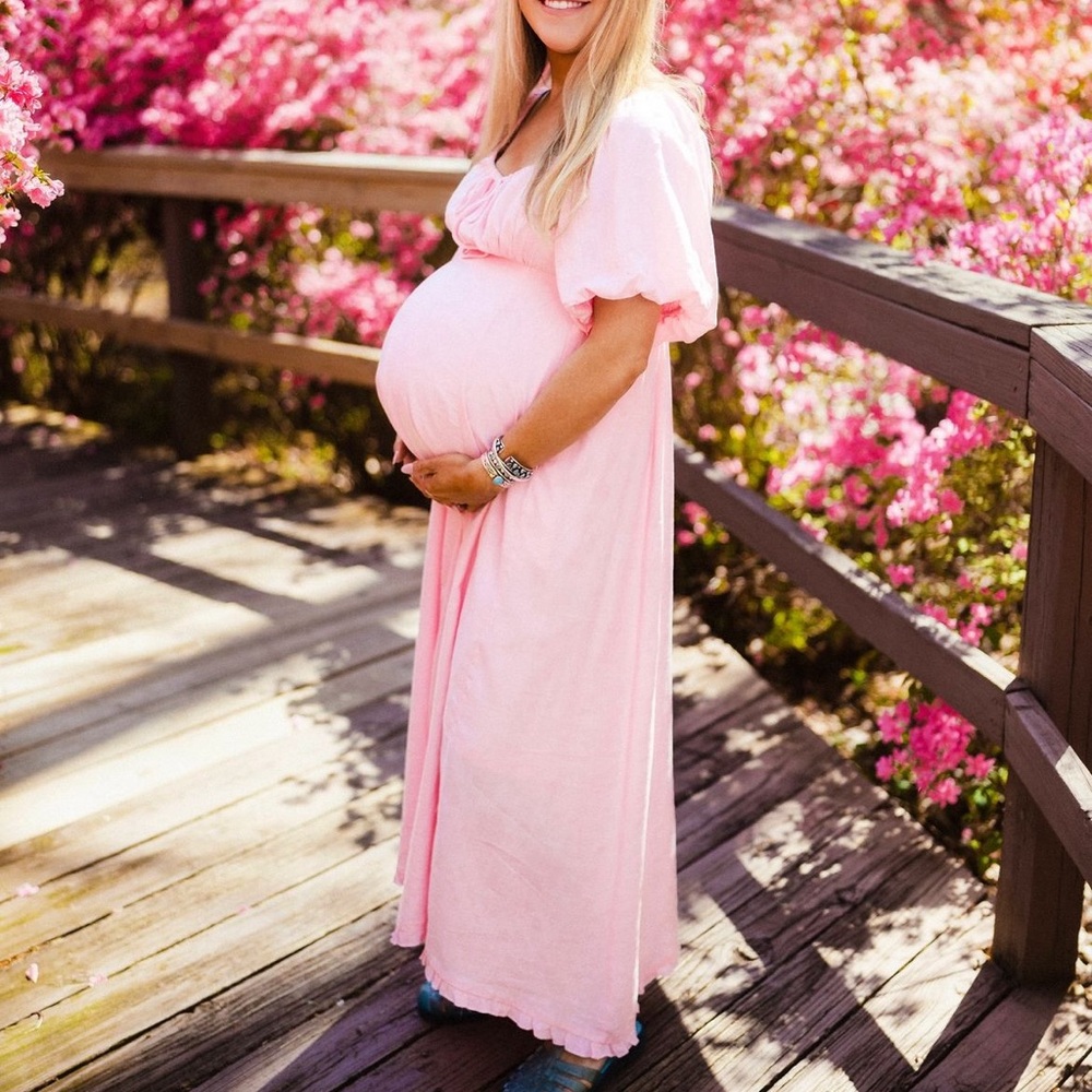 PinkBlush Pink Front Tie Puff Sleeve Maternity Maxi Dress